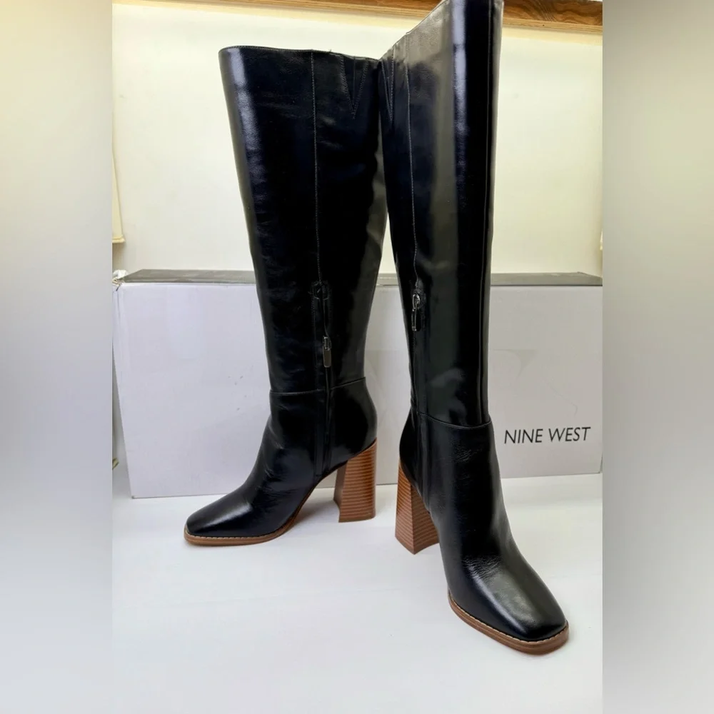 Nine West Tall Black Leather‎ Block Heel Boots – Size 5 – New in Box
